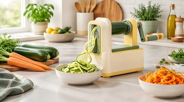 Modern kitchen counter setup featuring a yellow and green vegetable spiralizer machine extruding fresh green zucchini noodles into a ceramic bowl during meal preparation
