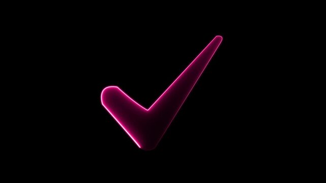 Glowing pink neon saber checkmark smoothly emerges beyond the border within one second, then gently pulses with a rhythmic heartbeat light animation.