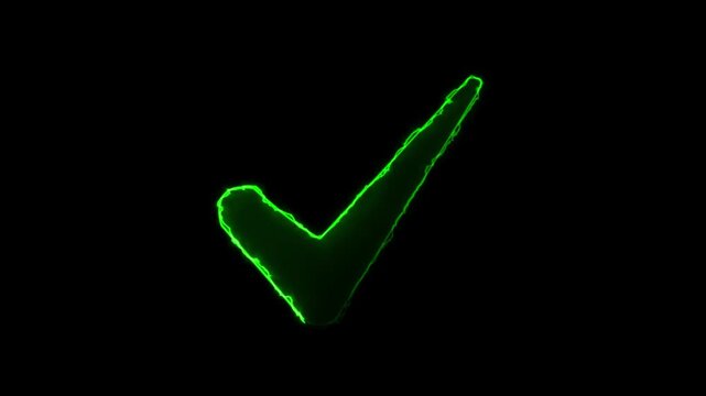 Glowing neon green energy checkmark smoothly emerges beyond the border within one second, then gently pulses with a rhythmic heartbeat light animation.