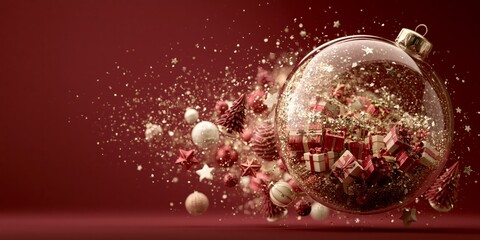 Fototapeta premium Festive glass ornament bursting with tiny presents, stars, and trees amidst golden glitter on a deep red holiday background.