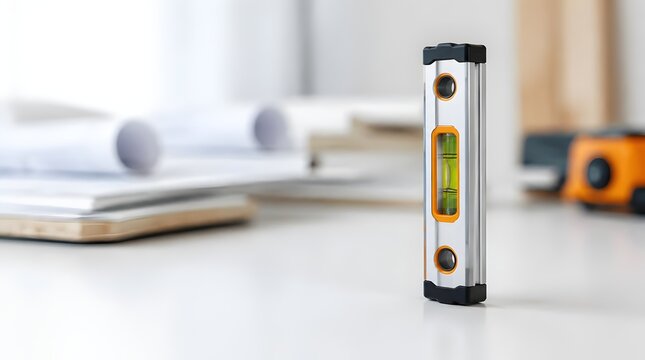 Silver spirit level tool standing upright on white surface with plans