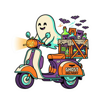 Cute smiling ghost riding retro scooter with Halloween delivery crate, potion bottles, cursed candy, jack-o'-lantern headlight and flying bats, cartoon design