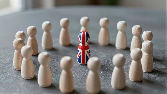 Wooden figures circle a UK flag-themed figure, symbolizing unity or leadership.