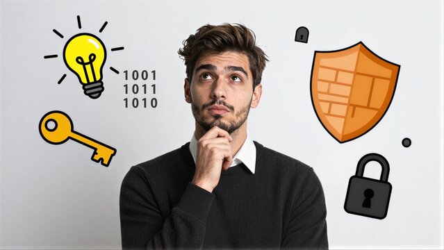 A man thinks about security, encryption, and innovation with lightbulb, key, shield symbols.
