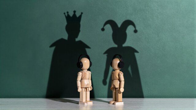 Wooden figures wear headphones, shadows show king and jester behind them.