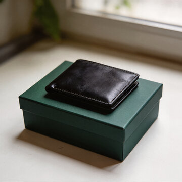 Brown leather wallet on dark green gift box