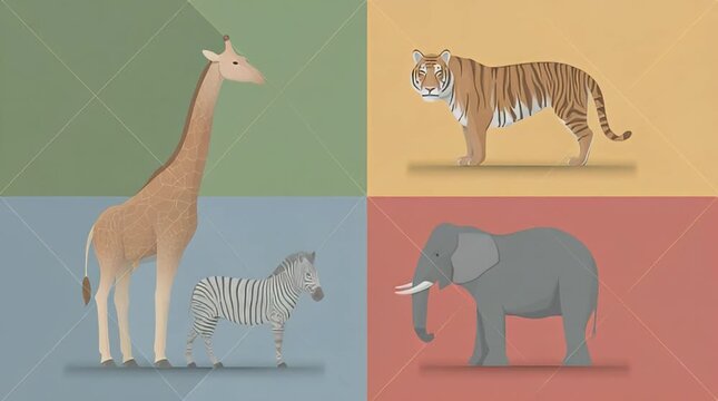 Colorful Quadrant of Wildlife: Giraffe, Tiger, Zebra, and Elephant A vibrant illustration showcasing iconic animals in a playful, modern design with bold color blocks. Perfect for educational or