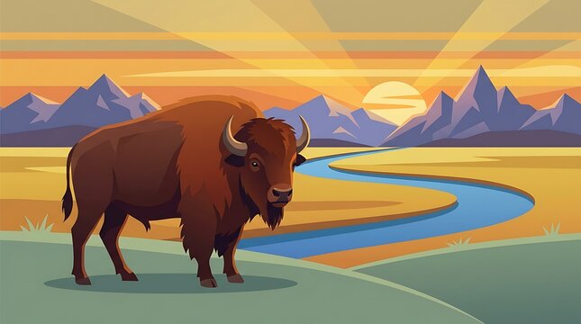American bison standing in a wild landscape with mountains, winding river and golden sunset sky