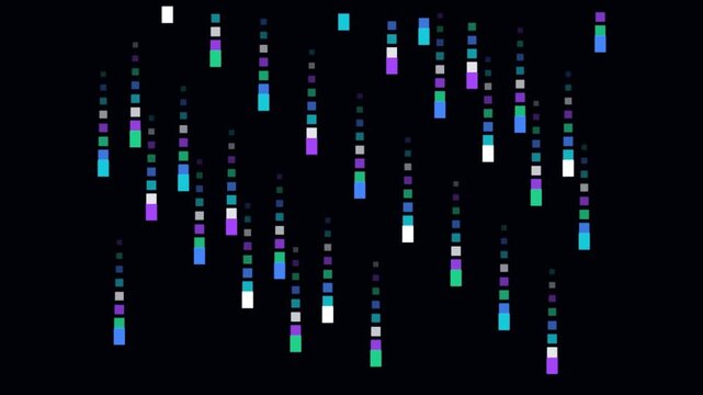 Dot Pixel Melt vertical pixel drip rain cascade stock motion video rendered with NEON CYBER CYAN pixel art graphics. Ideal for arcade game interfaces, glitch video overlays, cyberpunk motion backgroun