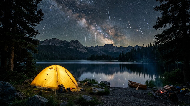 Meteor shower and Milky Way over glowing tent and mountain lake