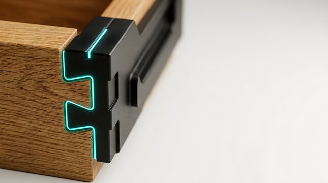 Wood and Metal Dovetail Joint Glowing with Teal Light
