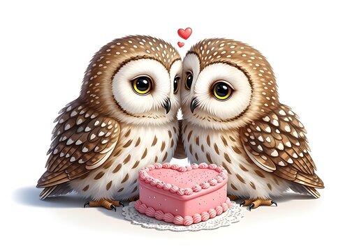 Two cute owls sharing a heart-shaped cake
