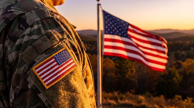 Close up of military soldier uniform with American flag patch