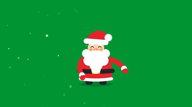 Cute cartoon Christmas Santa Claus character dancing and waving arms in a seamless 2D vector animation loop on a solid green screen background with falling snow