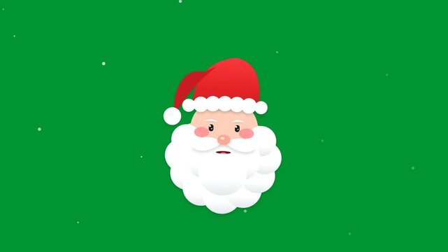 Cute cartoon Christmas Santa Claus face talking with moving mouth on vibrant green backdrop with gentle falling snow particles in seamless 2D vector animation loop