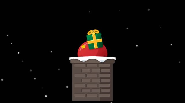 Cute red holiday character carrying wrapped Christmas gift jumping into snowy brick chimney against black night sky with falling snow particles in 2D cartoon animation loop