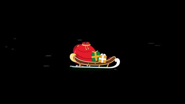 Santa Claus Christmas sleigh carrying gift sack and presents sliding smoothly in seamless loop motion on solid black background in 2D cartoon vector animation