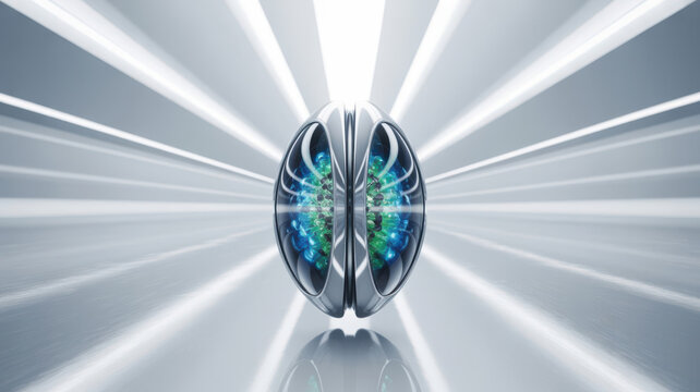 Metallic ellipsoid with glowing blue and green core, light rays