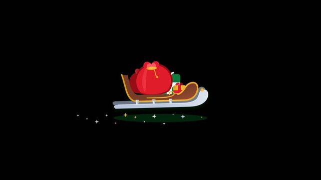 Christmas Santa sleigh loaded with red gift sacks and holiday presents hovering smoothly with glowing sparkle particles in seamless loop on solid black backdrop 2D animation