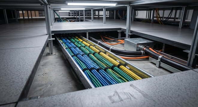Data center cable trays with organized wiring and power distribution beneath raised floors in industrial facility