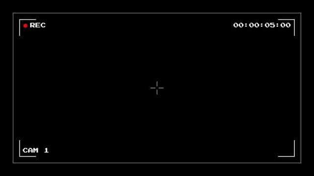 Video camera recorder screen overlay, CCTV Surveillance Camera Interface Motion Background with VHS Style Recording Icons and Pixelated Text Overlays for Security Mockups in 4K video