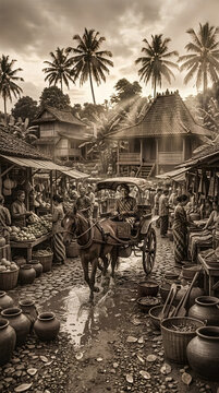Traditional Javanese horse carriage dokar passing through a bustling rural village market at sunset, sepia vintage photo