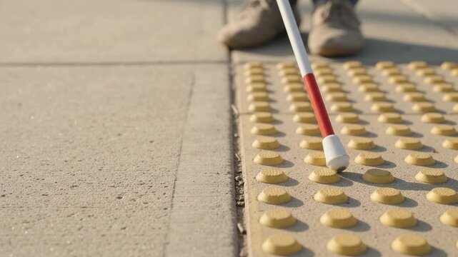White Cane Sweeping Across Tactile Paving On Outdoor Sidewalk