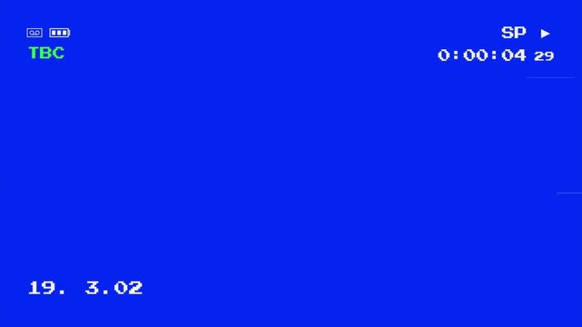 camera recording screen, Vintage Camcorder Blue Screen Interface with OSD Timecode and Retro Glitch Analog Tape Aesthetic for Nostalgic Video Production 4k video