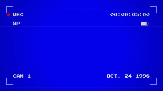  Vhs camcorder interface recording on a blue screen background, Nostalgic Home Movie Camcorder Display Overlay with Blue Screen and Retro Timecode Indicators 4k video