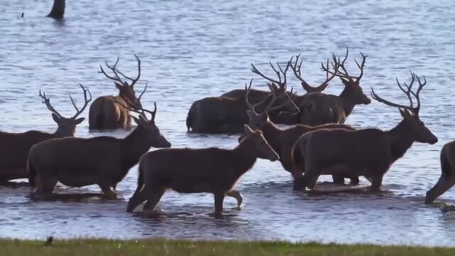 A herd of barasingha deer wading through the shallow water of a lake in a natural habitat in india