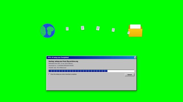 Retro 90s Internet Data Download Animation with Globe and Folder on Green Screen, Seamless Loop for Nostalgic Tech Campaigns