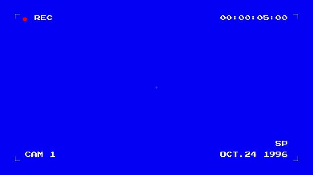 Video camera recorder screen overlay. Analog Camcorder Viewfinder Interface over Retro Blue Recording Screen 4k video