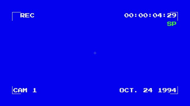 Camera recording frame animation. Vintage Camcorder Blue Screen Interface 1994 VHS Found Footage Overlay 4k video