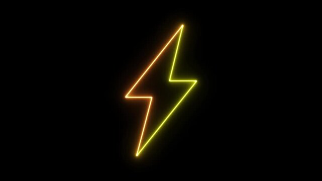 Neon lightning bolt symbol animation, glowing yellow and orange gradient line electrical thunder icon on black background