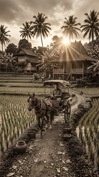 Traditional Javanese horse carriage dokar riding through a rural path between rice fields at golden hour, sepia vintage photo