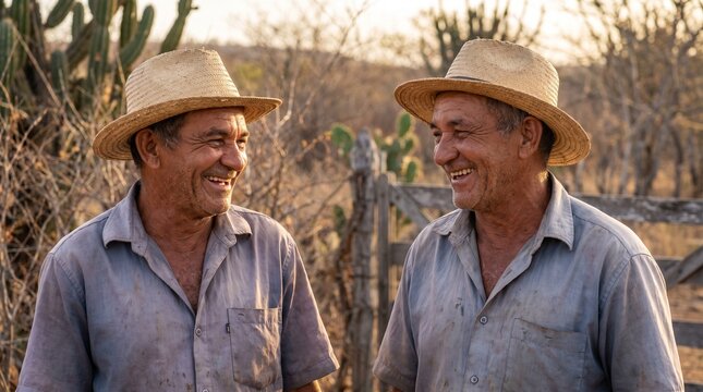 Dois amigos sertanejos de chap&eacute;u de palha rindo juntos ao lado de uma cerca de madeira e cactos da caatinga no sert&atilde;o nordestino ao entardecer