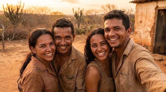 Grupo de quatro amigos nordestinos sorrindo e abra&ccedil;ados posando para uma selfie em comunidade rural do sert&atilde;o ao p&ocirc;r do sol, com casa de barro e cactos ao fundo