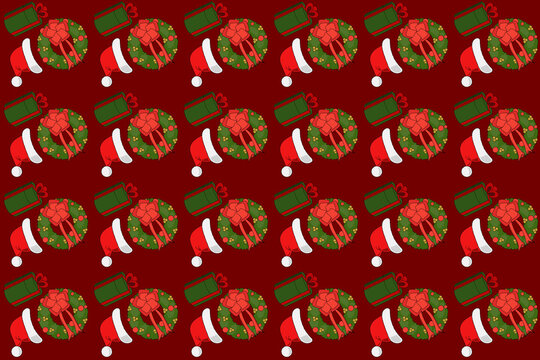 Christmas pattern featuring decorative wreaths, Santa hats, and gifts on a red background. Festive design