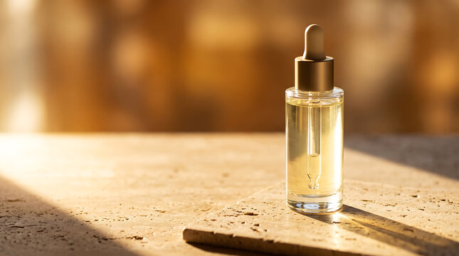 Glass serum bottle on stone surface with golden sunlight