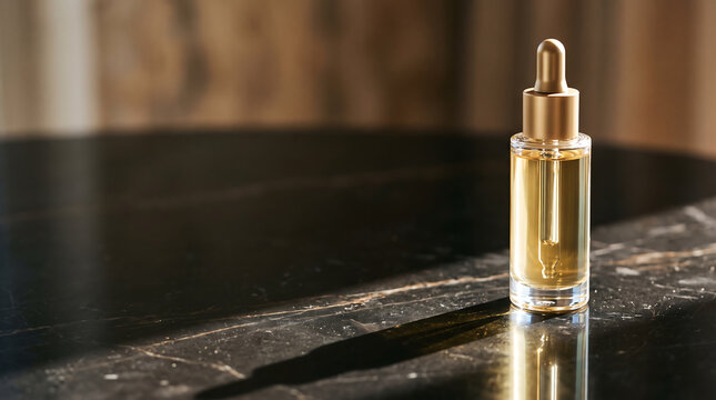 Glass serum bottle on a dark marble table