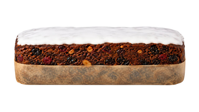 Fruitcake Loaf with White Icing and Nuts on Transparent Background
