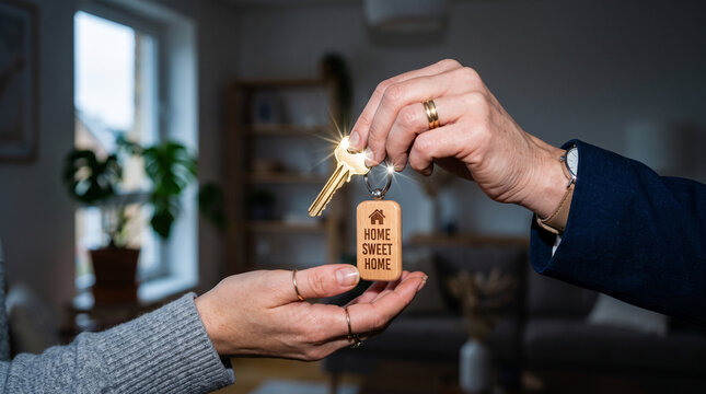 Handing Over the Keys: A close-up shot captures the moment a set of keys, attached to a wooden Home Sweet Home keychain, is passed from one hand to another.