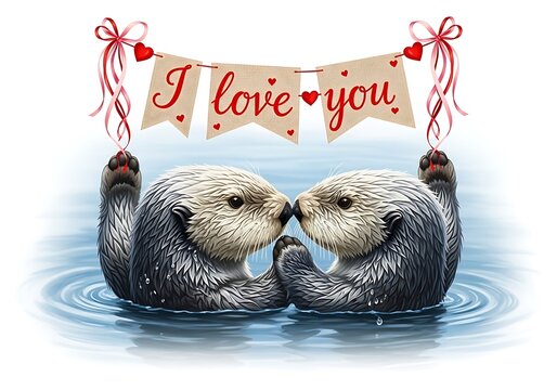 Two otters hugging with love banner