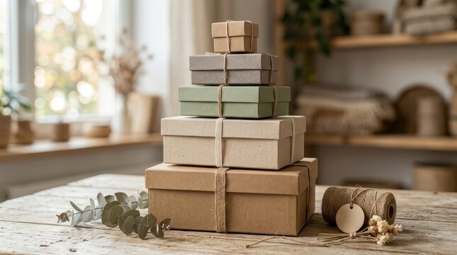A stacked collection of eco friendly cardboard boxes wrapped in natural twine sits on a rustic wooden table within a cozy sunlit room, conveying a sense of sustainable packaging for gift giving