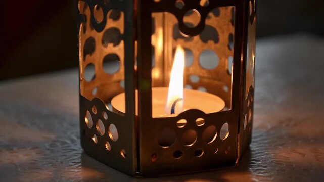 Tea light glowing in a tin lantern