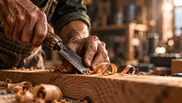 Woodworking Carpenter Hands Using Chisel in Workshop