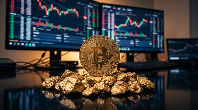 Golden Bitcoin Coin with Gold Nuggets and Cryptocurrency Trading Charts