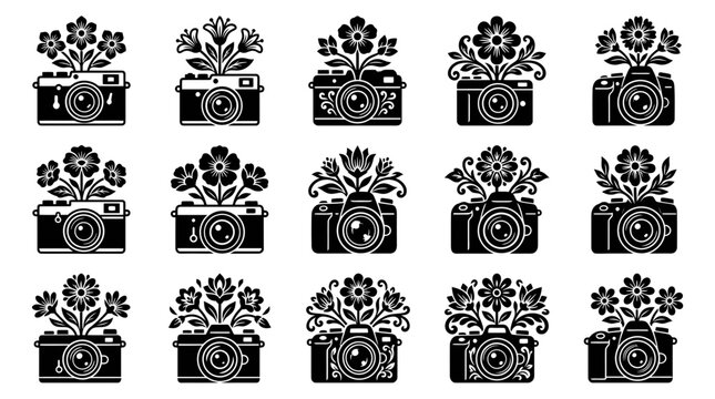 Set of vintage camera silhouettes with blooming floral elements for creative photography concepts.