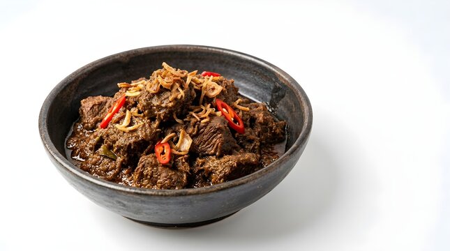 Indonesian beef rendang garnished with fried shallots and red chili slices served in a bowl isolated on white background