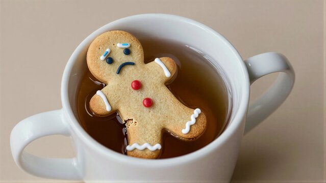 Gingerbread man cookie floats in warm tea, festive and cozy.